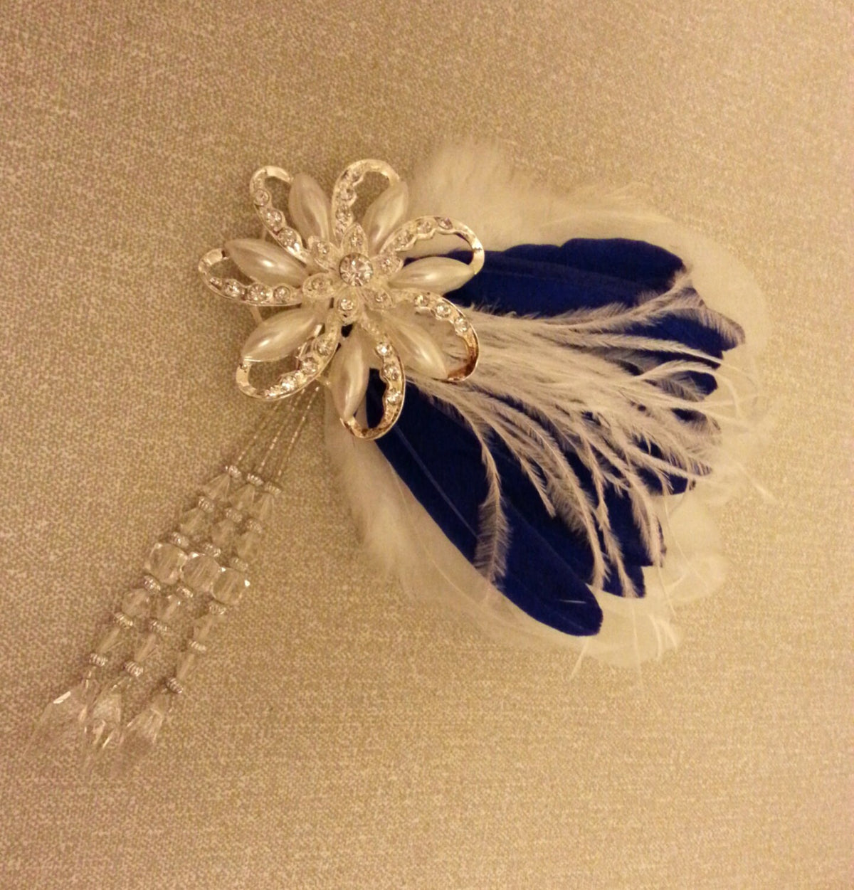 Great Gatsby Headband: Feather Fascinator, Crystal Pearl, Blue White