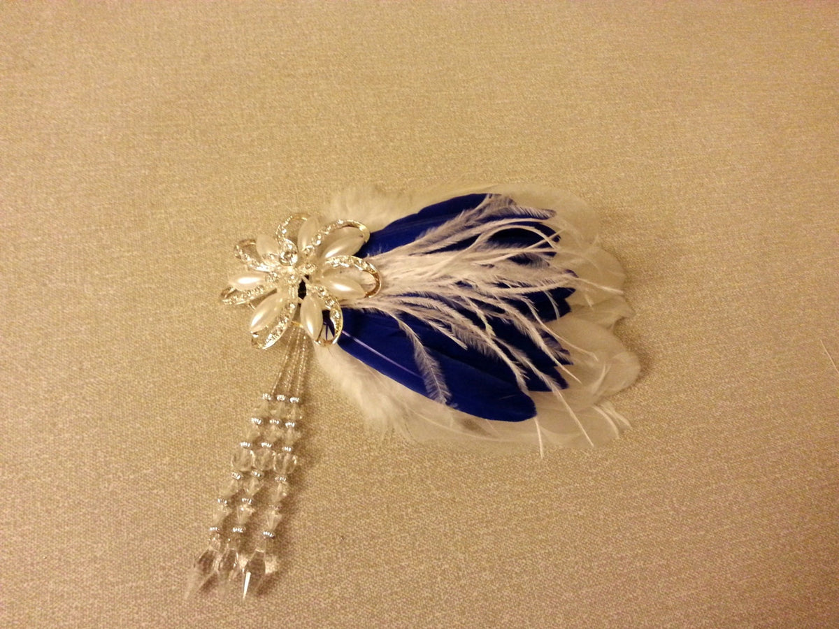 Great Gatsby Headband: Feather Fascinator, Crystal Pearl, Blue White