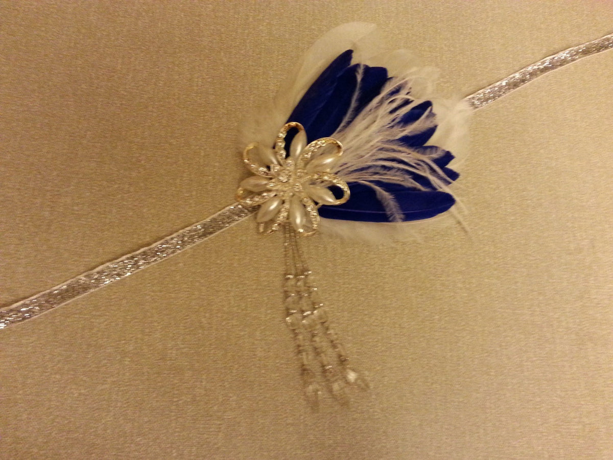 Great Gatsby Headband: Feather Fascinator, Crystal Pearl, Blue White