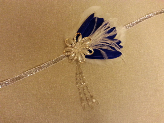 Great Gatsby Headband: Feather Fascinator, Crystal Pearl, Blue White