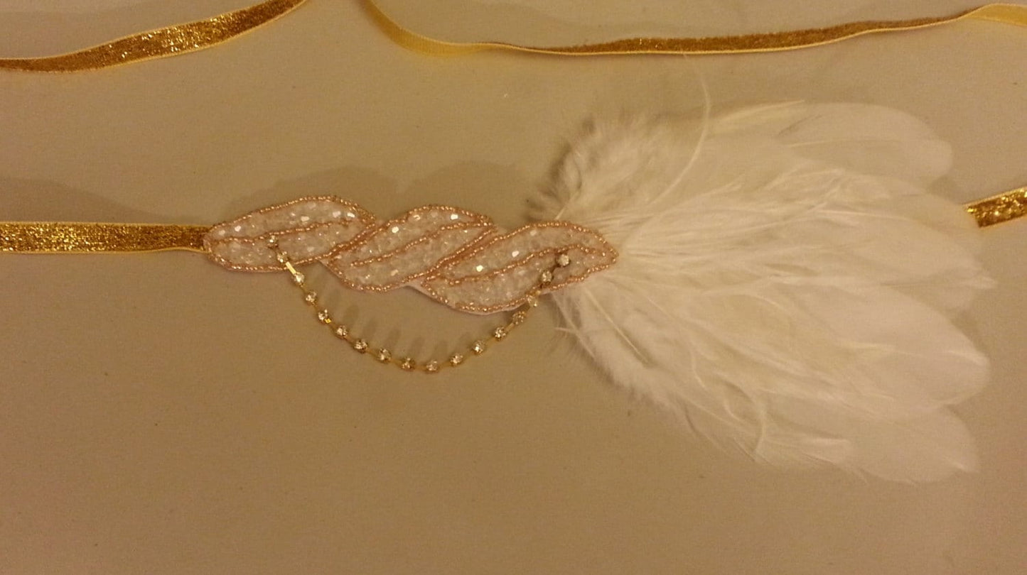 1920s Flapper Headband, Gold Feather Fascinator, Great Gatsby Headpiece