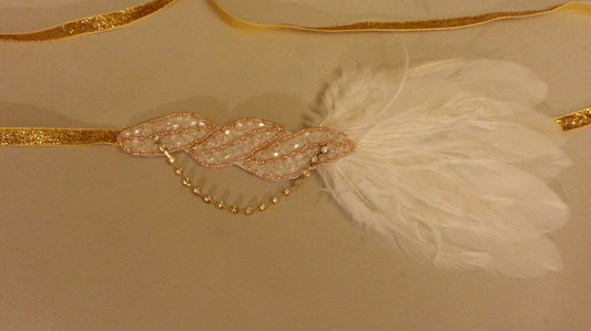 1920s Flapper Headband, Gold Feather Fascinator, Great Gatsby Headpiece