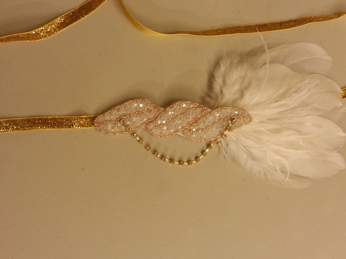 1920s Flapper Headband, Gold Feather Fascinator, Great Gatsby Headpiece