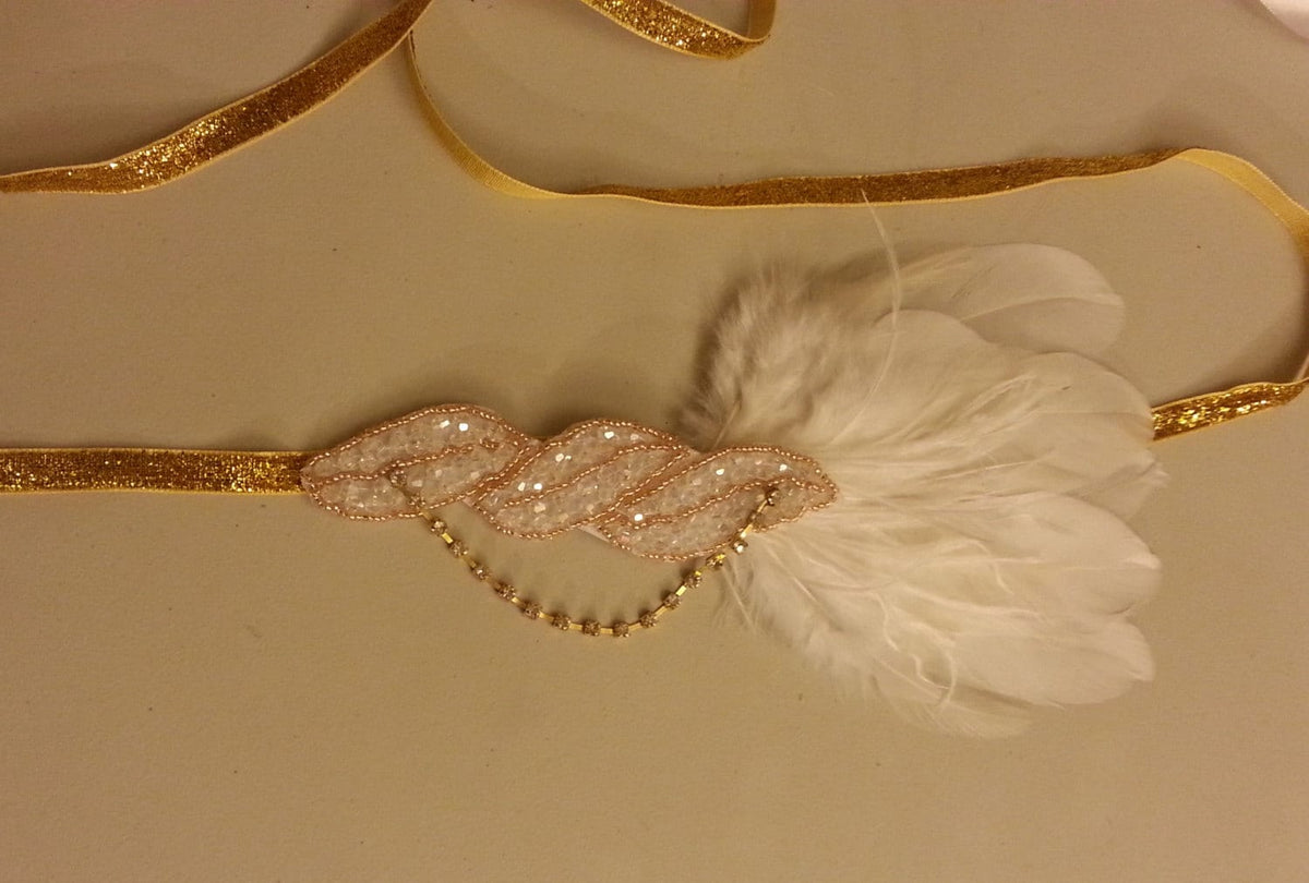 1920s Flapper Headband, Gold Feather Fascinator, Great Gatsby Headpiece