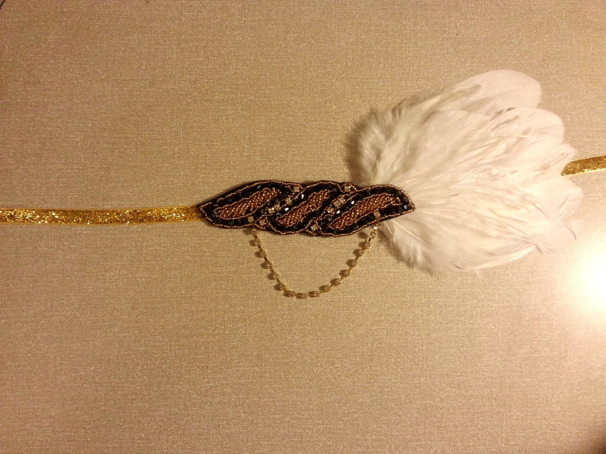 Black, Gold and White feather Great Gatsby Headband, Gold Tone Feather Fascinator, Hair Accessory