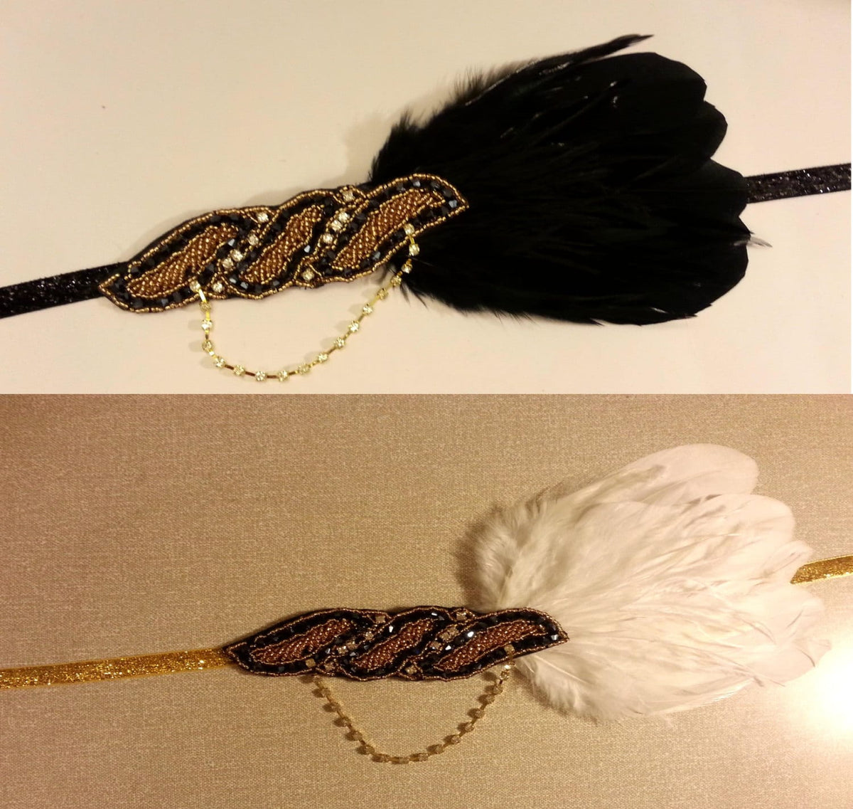 Black, Gold and White feather Great Gatsby Headband, Gold Tone Feather Fascinator, Hair Accessory