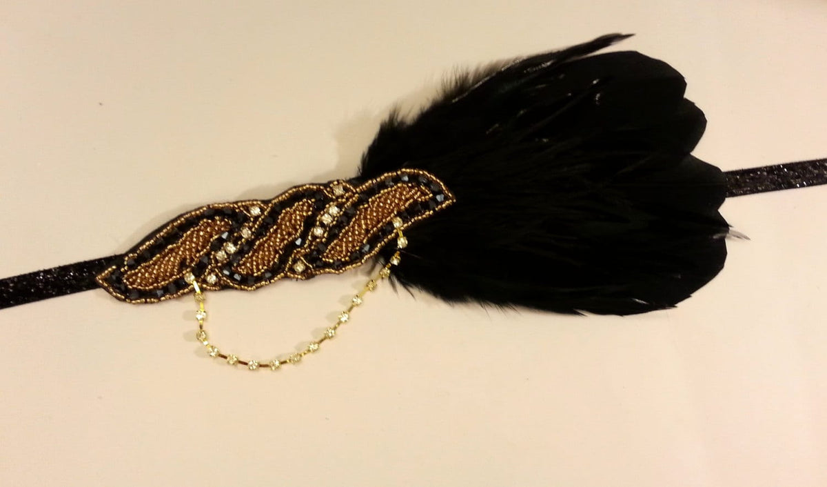 Black, Gold and White feather Great Gatsby Headband, Gold Tone Feather Fascinator, Hair Accessory