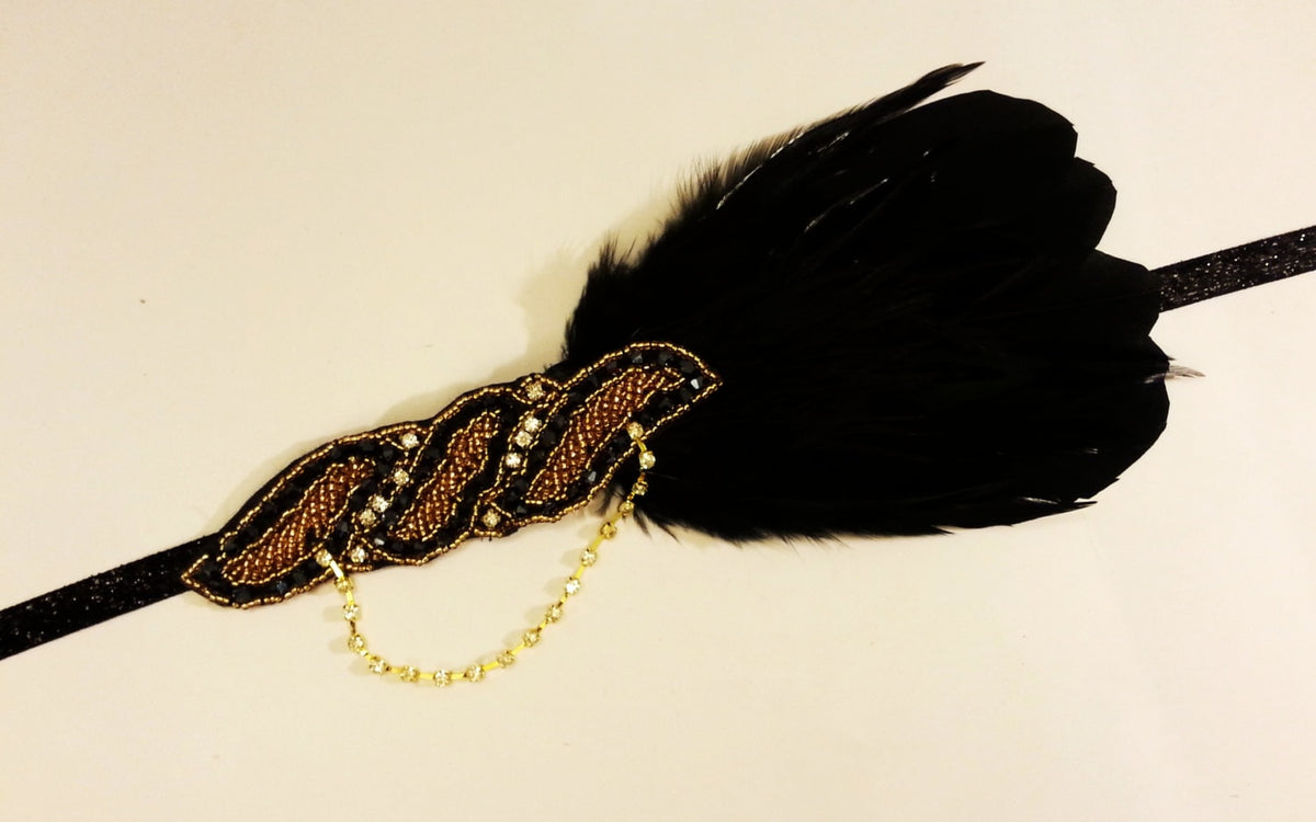 Black, Gold and White feather Great Gatsby Headband, Gold Tone Feather Fascinator, Hair Accessory
