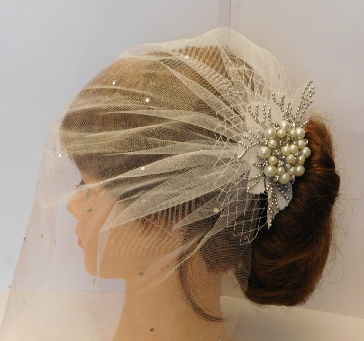 Birdcage Veil: Crystal Flower Bridal Headpiece, 1920s Flapper Style