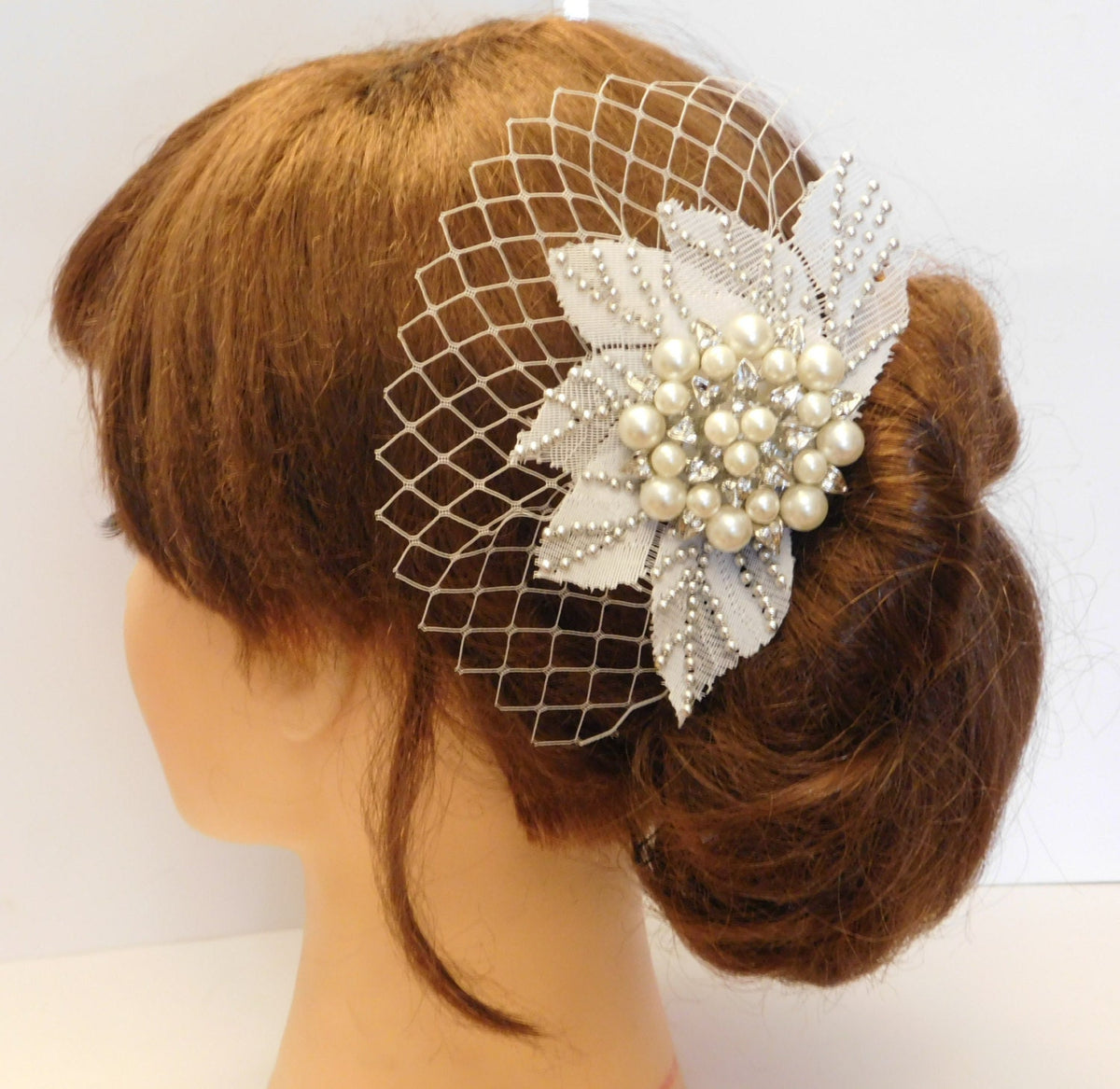 Birdcage Veil: Crystal Flower Bridal Headpiece, 1920s Flapper Style
