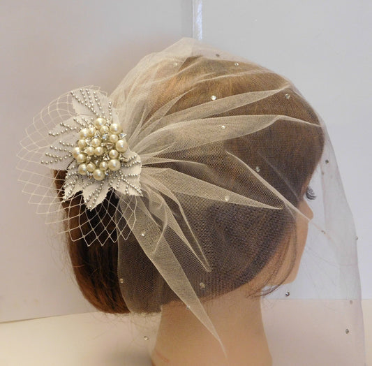 Birdcage Veil: Crystal Flower Bridal Headpiece, 1920s Flapper Style