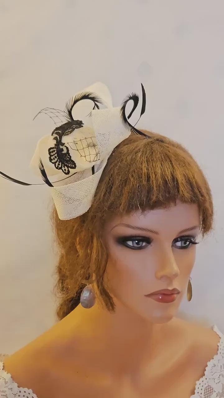 Pink Fascinator: Black Lace Feather Headpiece, Ascot Races