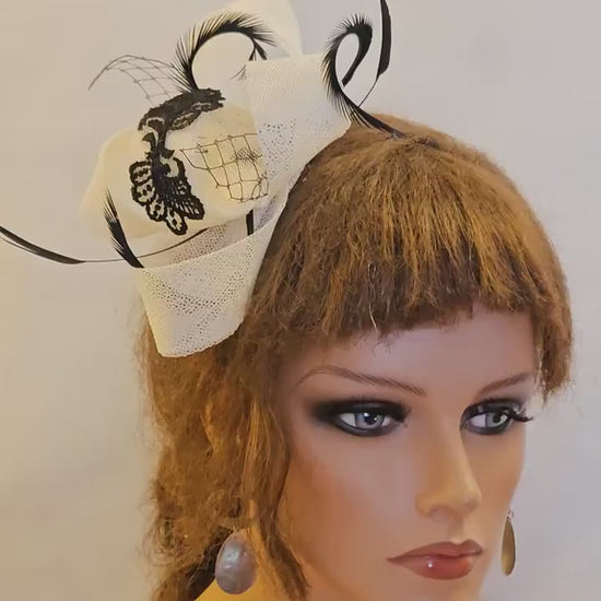 White Fascinator: Black Feather & Motif Headpiece, Royal Ascot Races