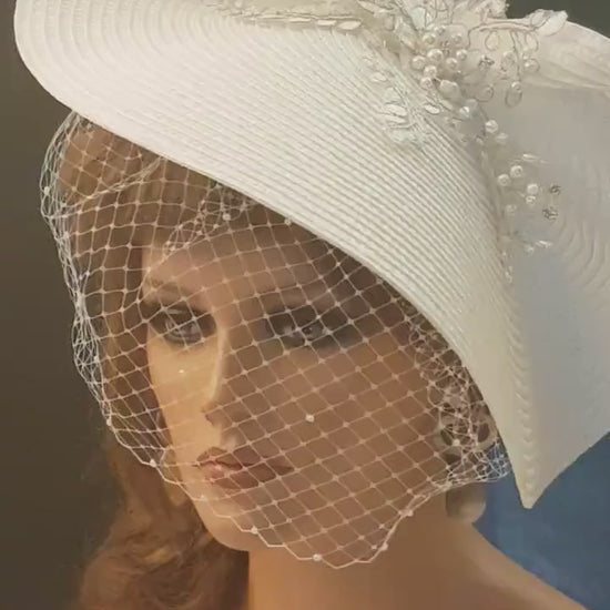 White Bridal Fascinator: Silver Lace Birdcage Veil Hatinator