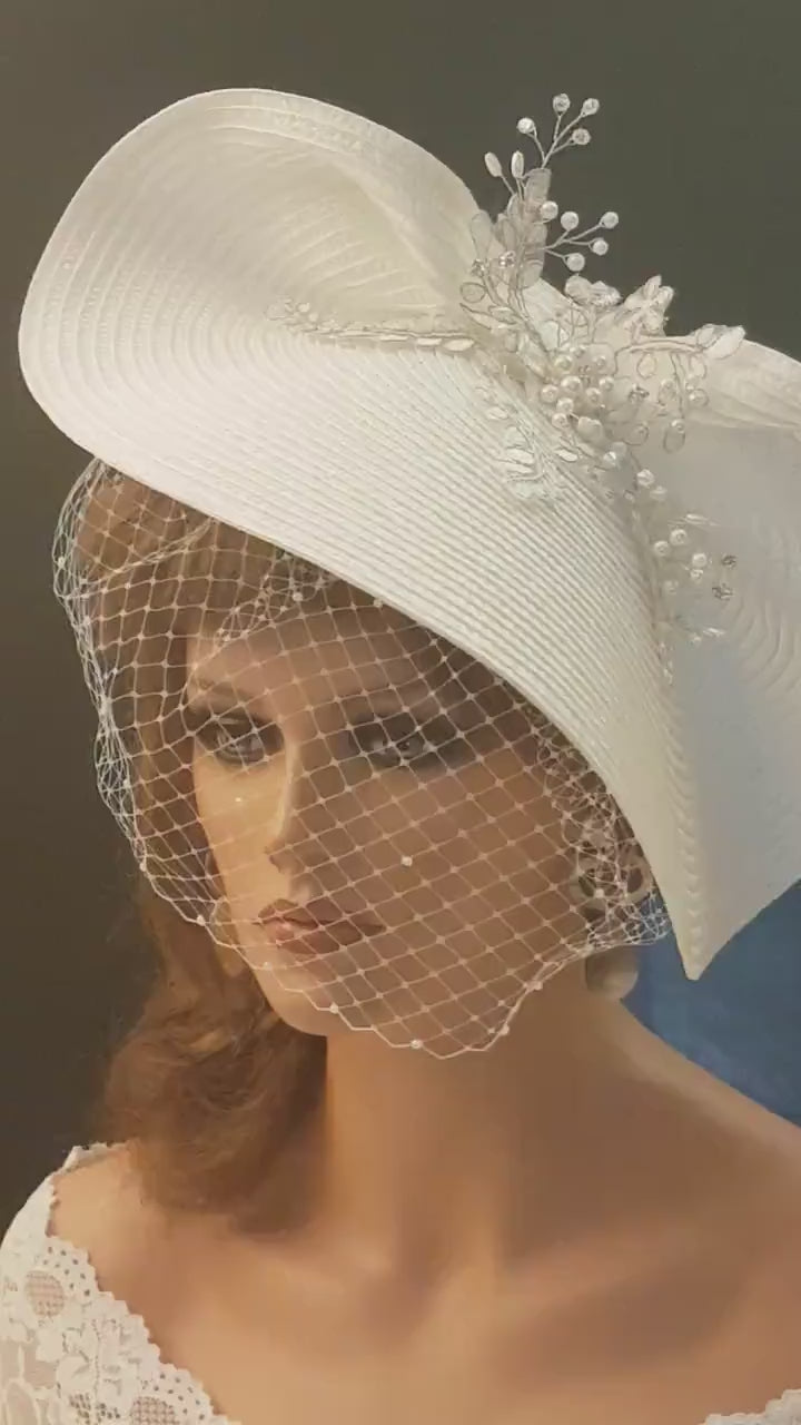 White Bridal Fascinator: Silver Lace Birdcage Veil Hatinator