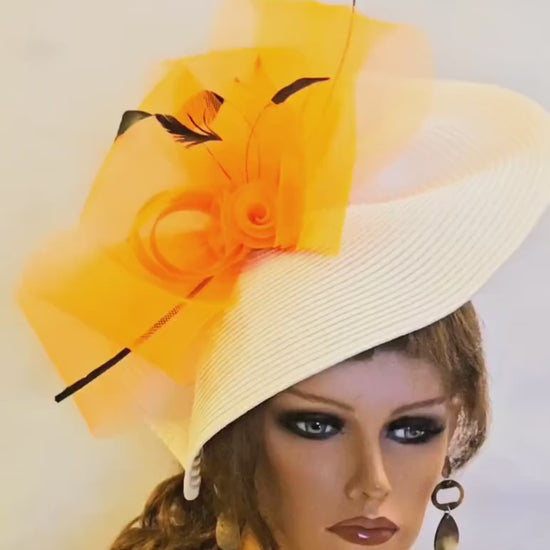 White & Orange Fascinator Hat: Feather Derby Ascot Race Hatinator
