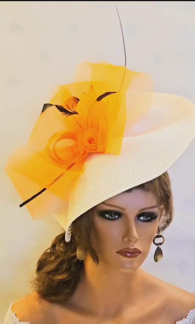 White & Orange Fascinator Hat: Feather Derby Ascot Race Hatinator