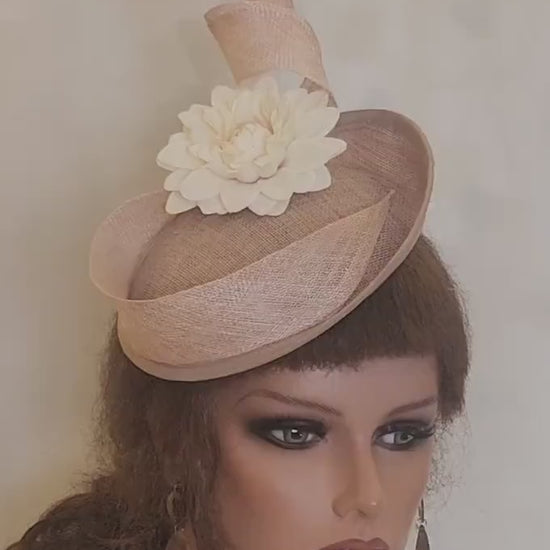 Champagne Sinamay Fascinator Hat, Flower Swirl Ascot Headband