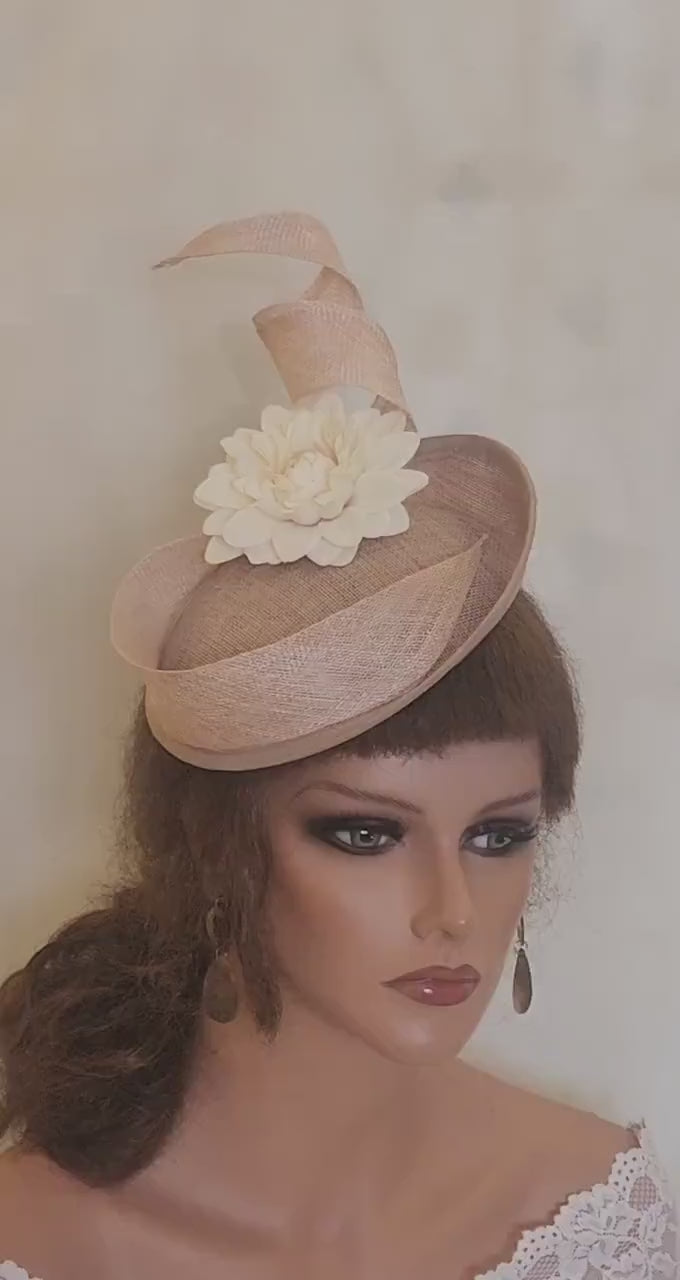 Champagne Sinamay Fascinator Hat, Flower Swirl Ascot Headband