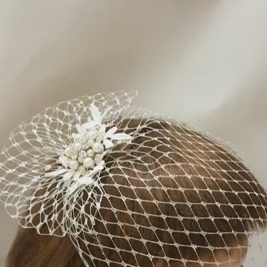 Birdcage Veil Bridal Blusher 1920s Boho Gatsby Wedding Crystal HAIRCOMB & METALIC SILVER Veil  fascinator Headpiece  with Mini French veil