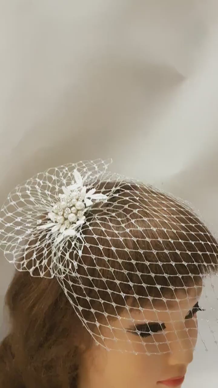 Birdcage Veil Bridal Blusher 1920s Boho Gatsby Wedding Crystal HAIRCOMB & METALIC SILVER Veil  fascinator Headpiece  with Mini French veil