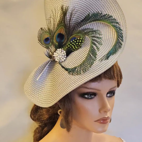 Silver Grey Fascinator Hatinator: Peacock Feather Derby Hat