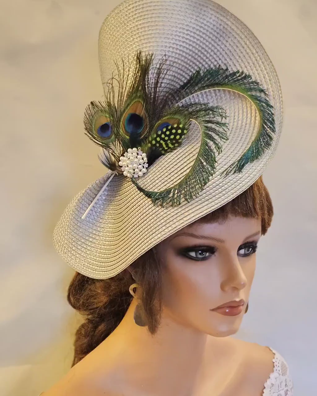Silver Grey Fascinator Hatinator: Peacock Feather Derby Hat