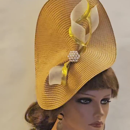 Mustard Gold Fascinator Hat: Pearl Cluster Crin Swirl, Derby Wedding Hatinator