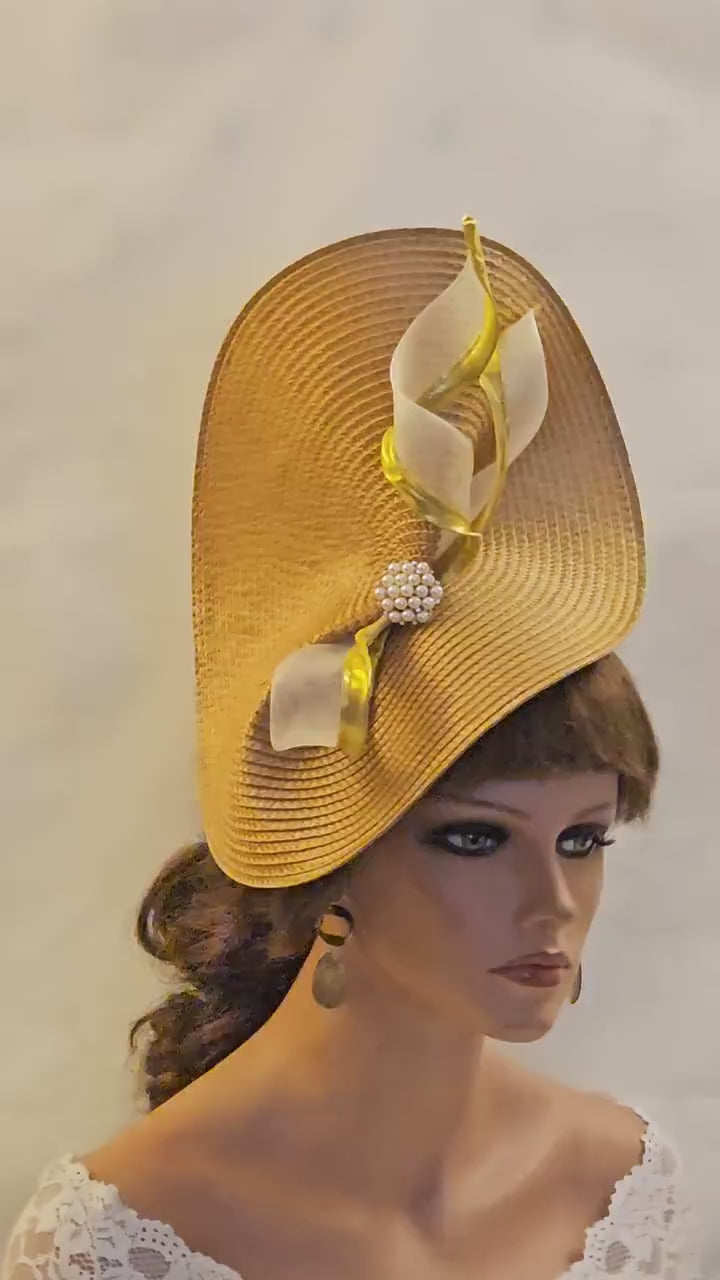 Mustard Gold Fascinator Hat: Pearl Cluster Crin Swirl, Derby Wedding Hatinator