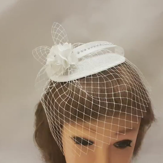 Birdcage veil hat fascinator Vintage 1940-50s Fascinator MINI Veil & Hat, White, Ivory Tear drop hat birdcage veil Floral Crystal Fascinator