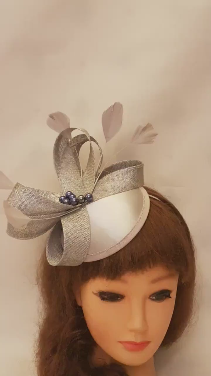 SILVER GREY Hat Fascinator for Wedding,Kentecy derby,Royal Ascot,Cocktail. Champagne,Ivory,Pink,Navy Mother of the  bride/Groom Fascinator.
