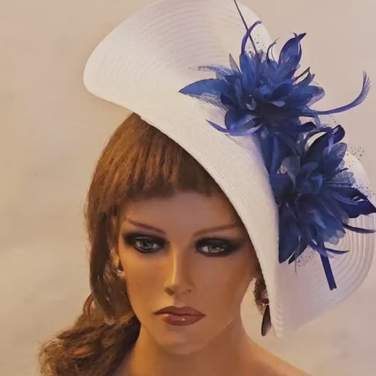 White & Blue Fascinator: Quill Feather Floral Derby Hat