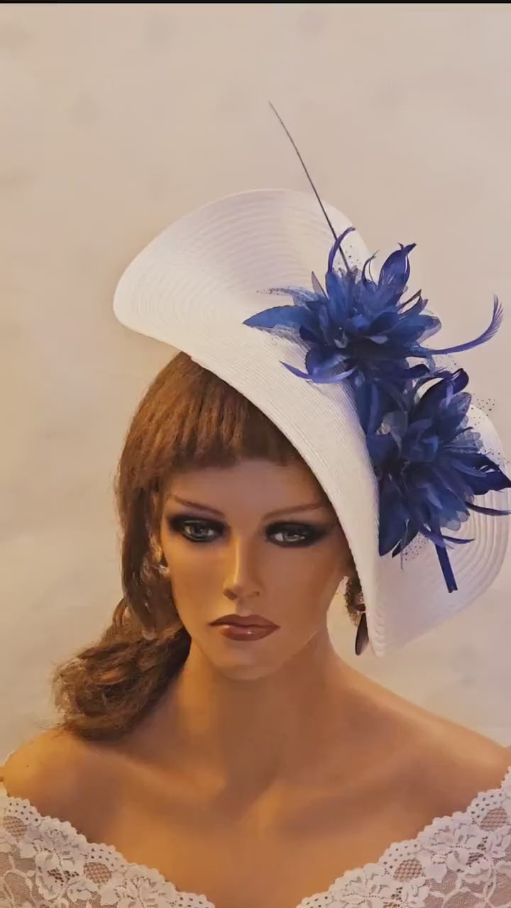 White & Blue Fascinator: Quill Feather Floral Derby Hat