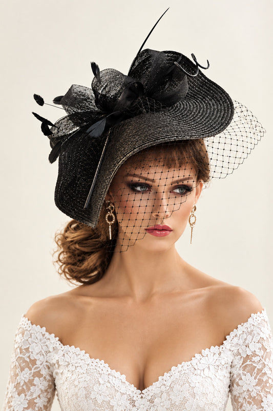  elegant black wide-brim fascinator hat with a black mesh veil, large black floral accents, and feather details